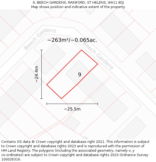 9, BEECH GARDENS, RAINFORD, ST HELENS, WA11 8DJ: Plot and title map