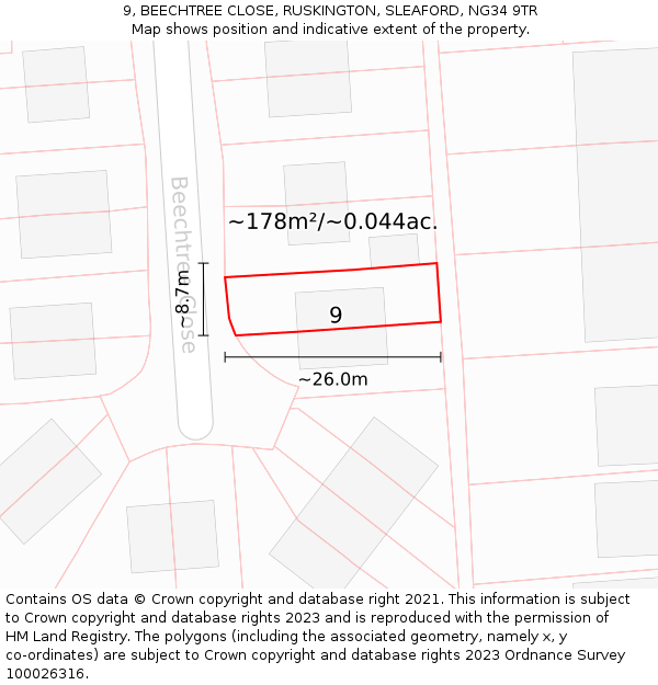 9, BEECHTREE CLOSE, RUSKINGTON, SLEAFORD, NG34 9TR: Plot and title map