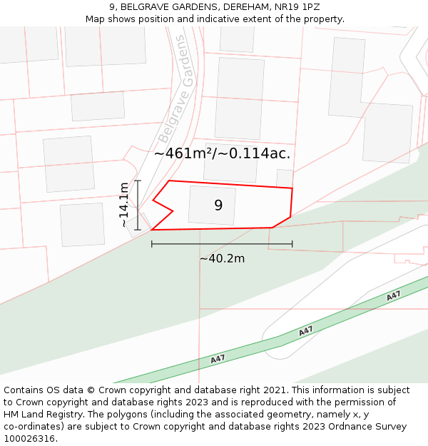 9, BELGRAVE GARDENS, DEREHAM, NR19 1PZ: Plot and title map