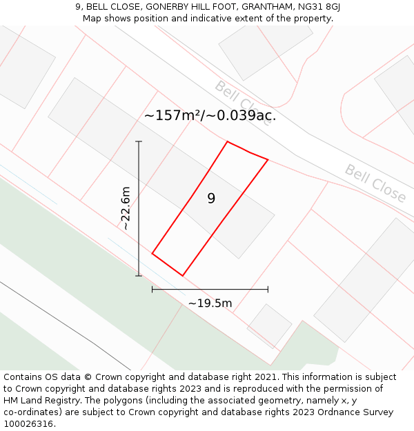 9, BELL CLOSE, GONERBY HILL FOOT, GRANTHAM, NG31 8GJ: Plot and title map