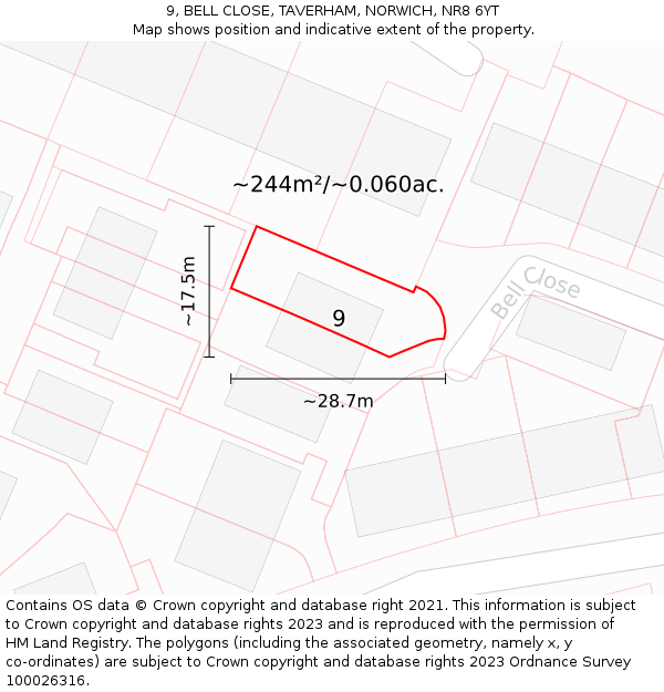 9, BELL CLOSE, TAVERHAM, NORWICH, NR8 6YT: Plot and title map