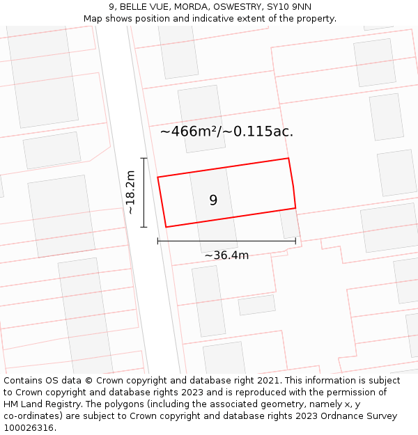 9, BELLE VUE, MORDA, OSWESTRY, SY10 9NN: Plot and title map