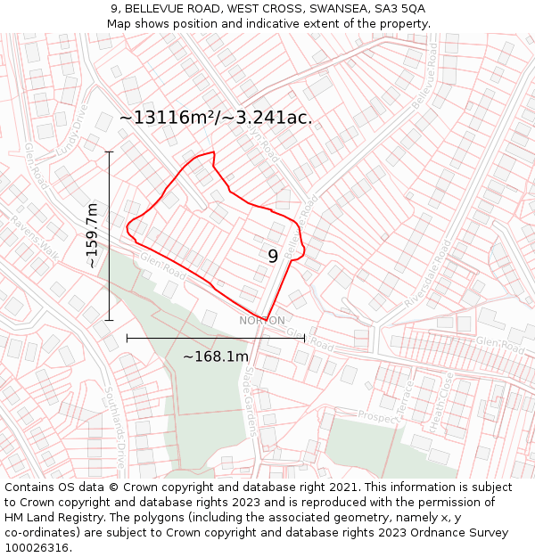 9, BELLEVUE ROAD, WEST CROSS, SWANSEA, SA3 5QA: Plot and title map