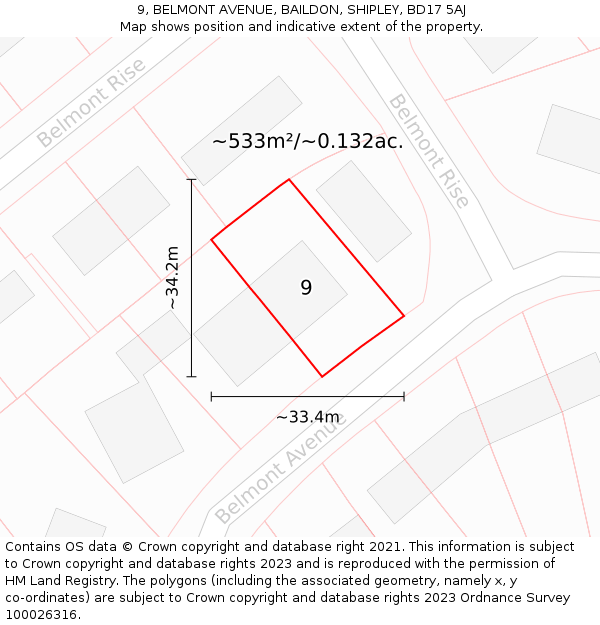 9, BELMONT AVENUE, BAILDON, SHIPLEY, BD17 5AJ: Plot and title map