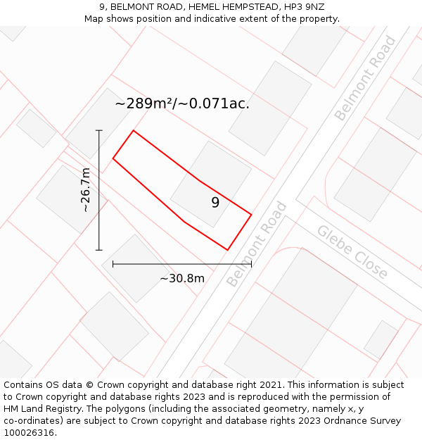 9, BELMONT ROAD, HEMEL HEMPSTEAD, HP3 9NZ: Plot and title map