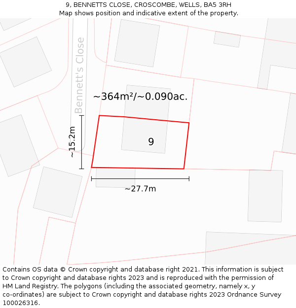 9, BENNETTS CLOSE, CROSCOMBE, WELLS, BA5 3RH: Plot and title map