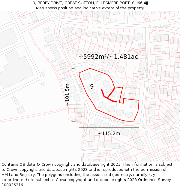 9, BERRY DRIVE, GREAT SUTTON, ELLESMERE PORT, CH66 4JJ: Plot and title map