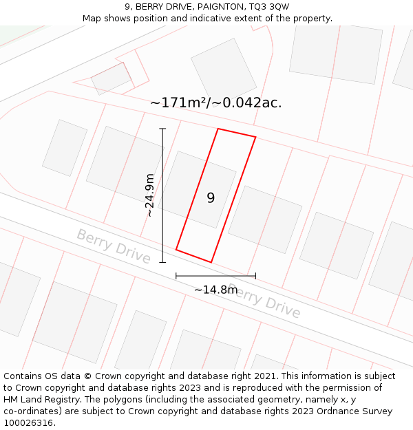 9, BERRY DRIVE, PAIGNTON, TQ3 3QW: Plot and title map