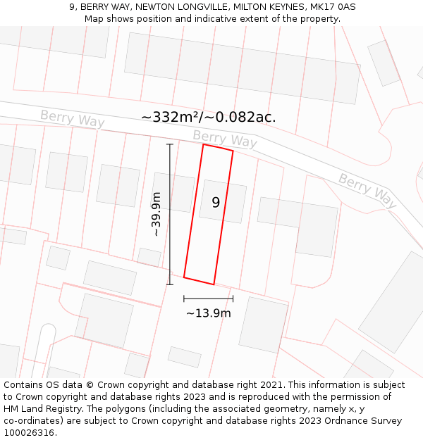 9, BERRY WAY, NEWTON LONGVILLE, MILTON KEYNES, MK17 0AS: Plot and title map