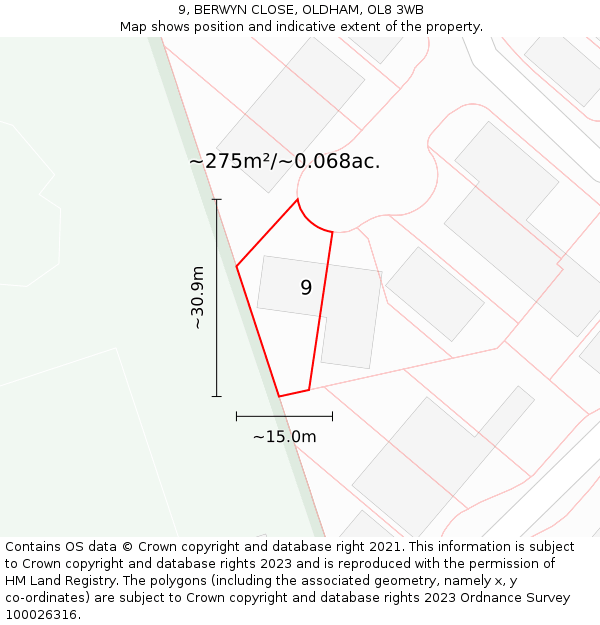 9, BERWYN CLOSE, OLDHAM, OL8 3WB: Plot and title map