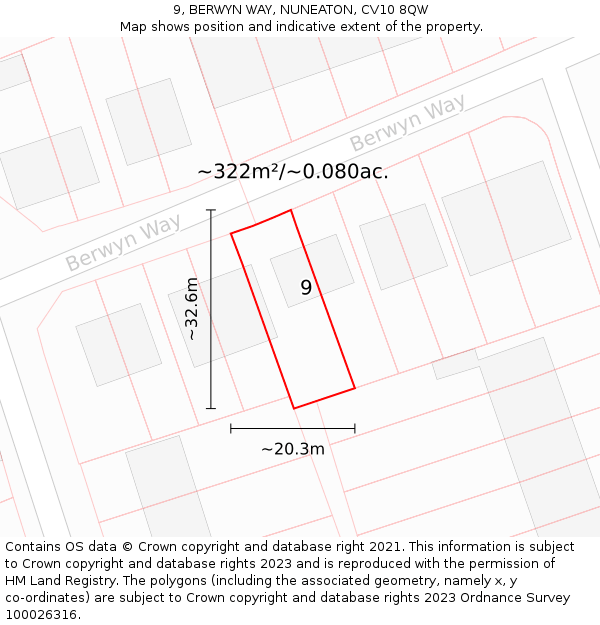 9, BERWYN WAY, NUNEATON, CV10 8QW: Plot and title map