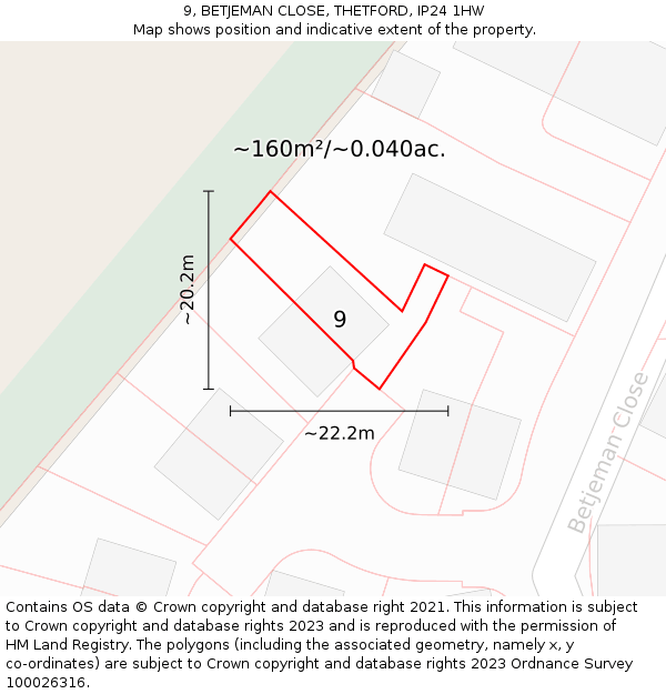 9, BETJEMAN CLOSE, THETFORD, IP24 1HW: Plot and title map