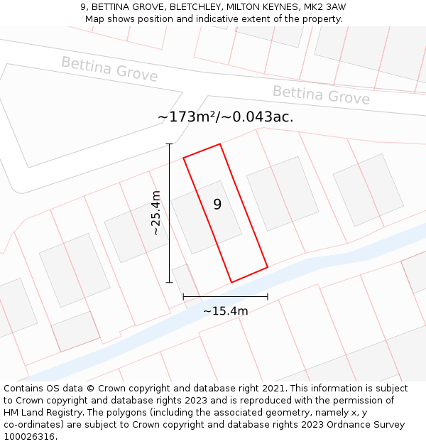 9, BETTINA GROVE, BLETCHLEY, MILTON KEYNES, MK2 3AW: Plot and title map