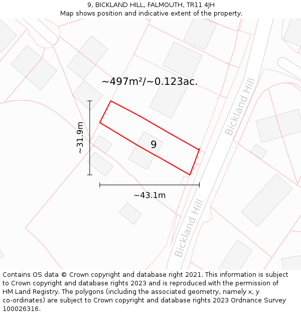 9, BICKLAND HILL, FALMOUTH, TR11 4JH: Plot and title map