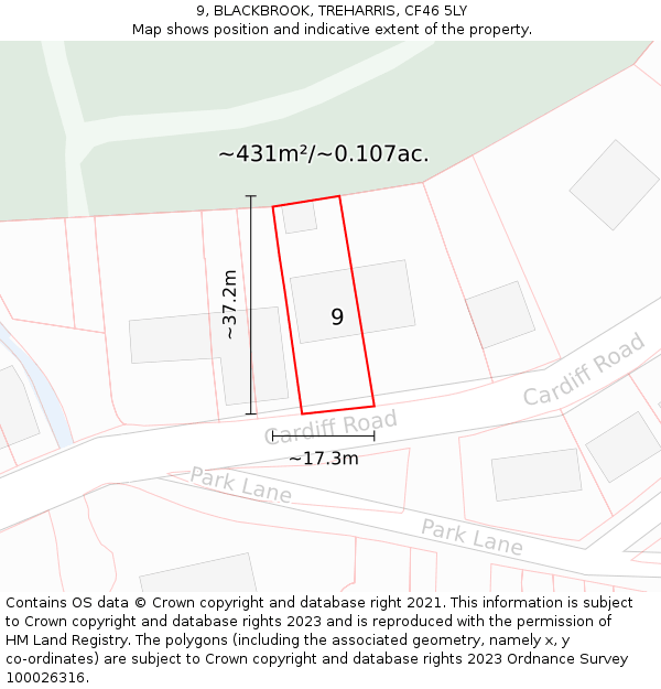 9, BLACKBROOK, TREHARRIS, CF46 5LY: Plot and title map