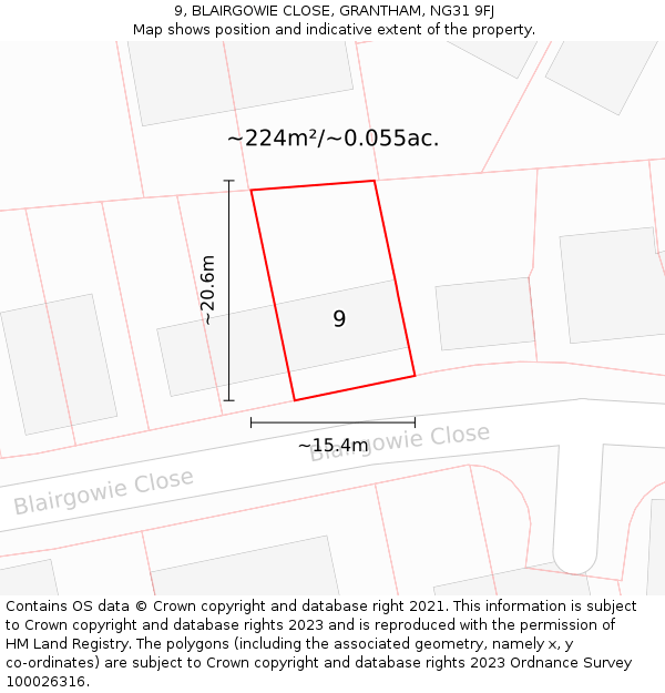 9, BLAIRGOWIE CLOSE, GRANTHAM, NG31 9FJ: Plot and title map