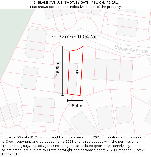 9, BLAKE AVENUE, SHOTLEY GATE, IPSWICH, IP9 1RL: Plot and title map