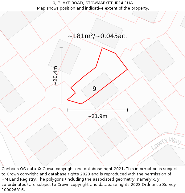 9, BLAKE ROAD, STOWMARKET, IP14 1UA: Plot and title map