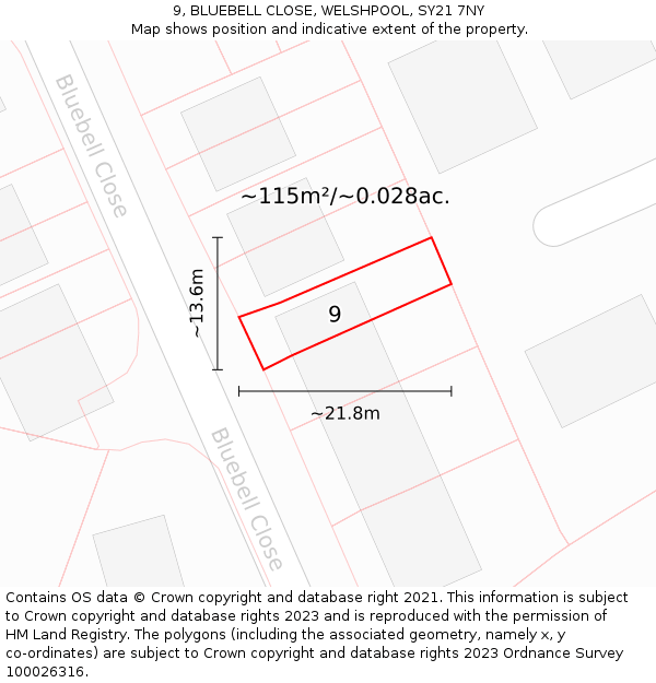 9, BLUEBELL CLOSE, WELSHPOOL, SY21 7NY: Plot and title map