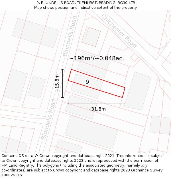9, BLUNDELLS ROAD, TILEHURST, READING, RG30 4TR: Plot and title map