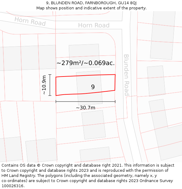 9, BLUNDEN ROAD, FARNBOROUGH, GU14 8QJ: Plot and title map