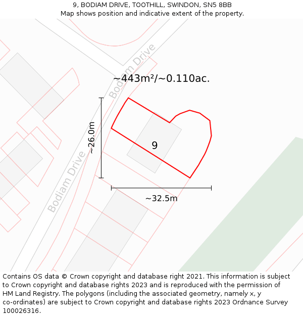 9, BODIAM DRIVE, TOOTHILL, SWINDON, SN5 8BB: Plot and title map