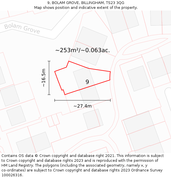 9, BOLAM GROVE, BILLINGHAM, TS23 3QG: Plot and title map