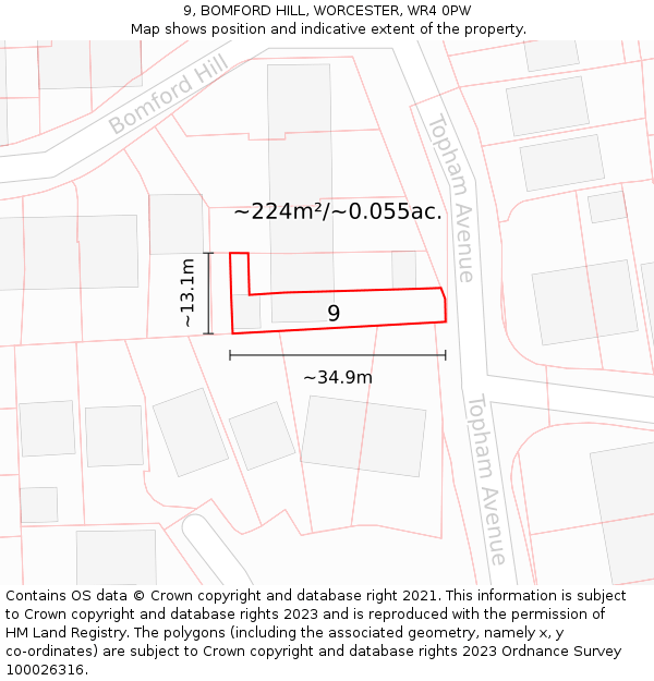9, BOMFORD HILL, WORCESTER, WR4 0PW: Plot and title map