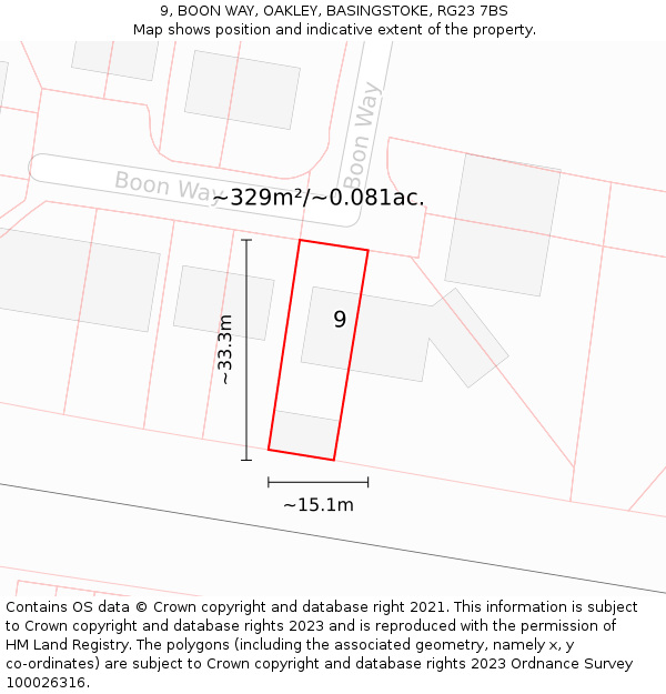 9, BOON WAY, OAKLEY, BASINGSTOKE, RG23 7BS: Plot and title map