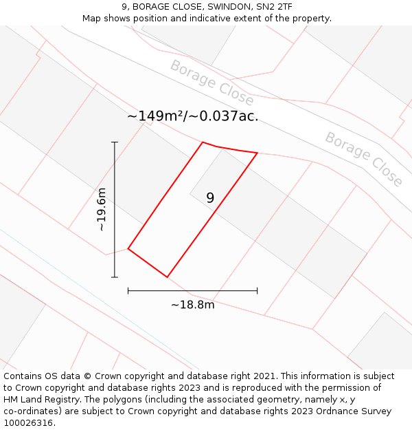 9, BORAGE CLOSE, SWINDON, SN2 2TF: Plot and title map