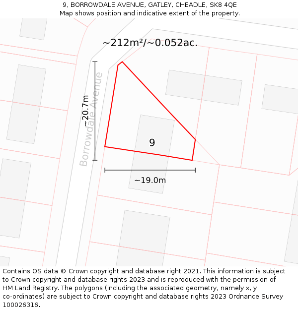 9, BORROWDALE AVENUE, GATLEY, CHEADLE, SK8 4QE: Plot and title map