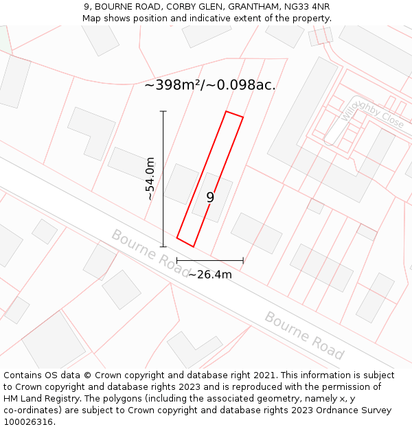 9, BOURNE ROAD, CORBY GLEN, GRANTHAM, NG33 4NR: Plot and title map