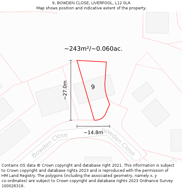 9, BOWDEN CLOSE, LIVERPOOL, L12 0LA: Plot and title map