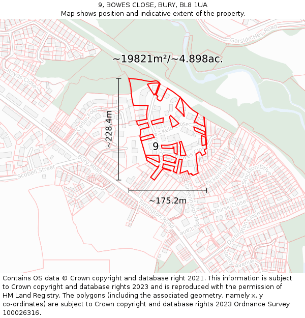 9, BOWES CLOSE, BURY, BL8 1UA: Plot and title map