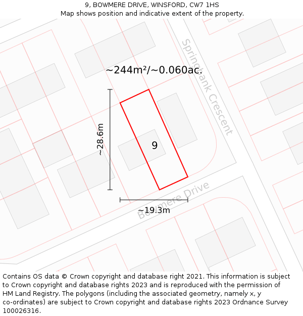 9, BOWMERE DRIVE, WINSFORD, CW7 1HS: Plot and title map