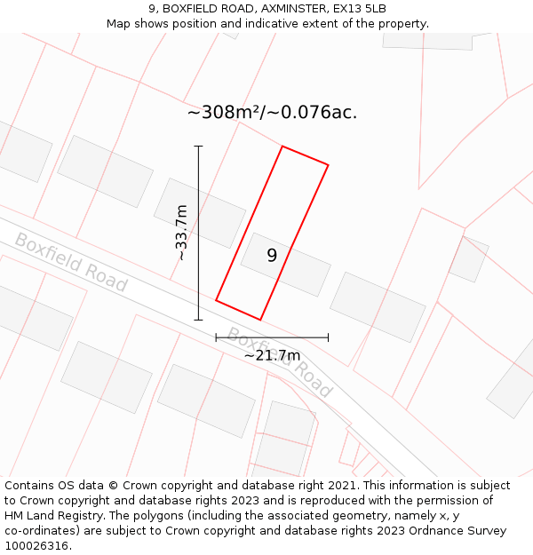 9, BOXFIELD ROAD, AXMINSTER, EX13 5LB: Plot and title map