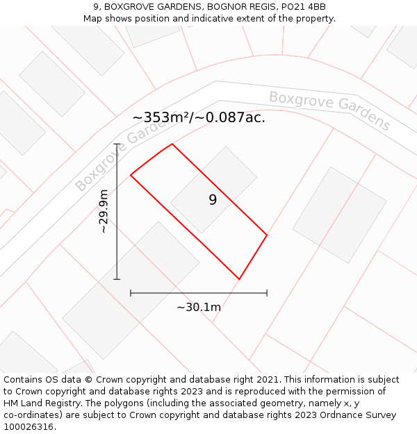 9, BOXGROVE GARDENS, BOGNOR REGIS, PO21 4BB: Plot and title map