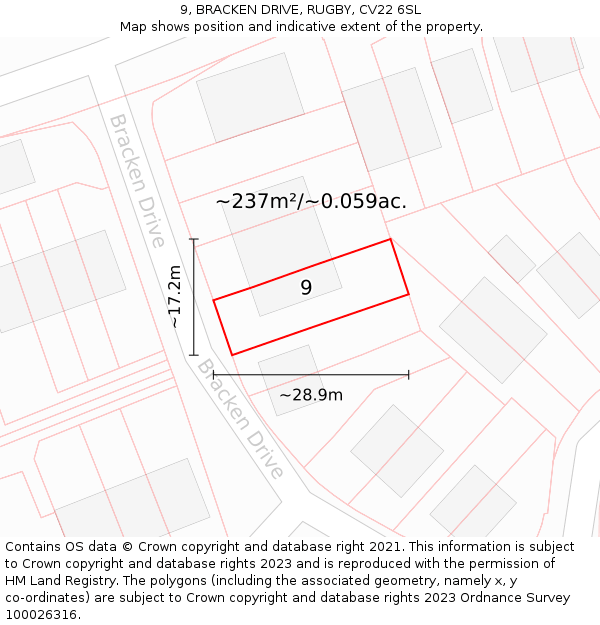 9, BRACKEN DRIVE, RUGBY, CV22 6SL: Plot and title map