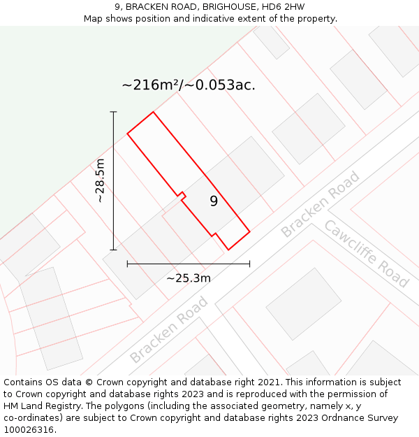 9, BRACKEN ROAD, BRIGHOUSE, HD6 2HW: Plot and title map