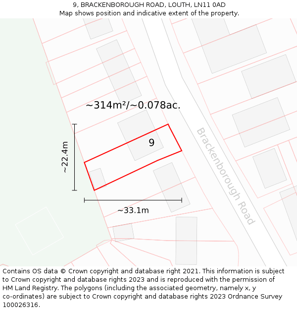 9, BRACKENBOROUGH ROAD, LOUTH, LN11 0AD: Plot and title map