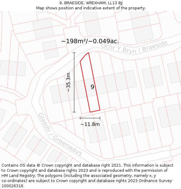 9, BRAESIDE, WREXHAM, LL13 8JJ: Plot and title map