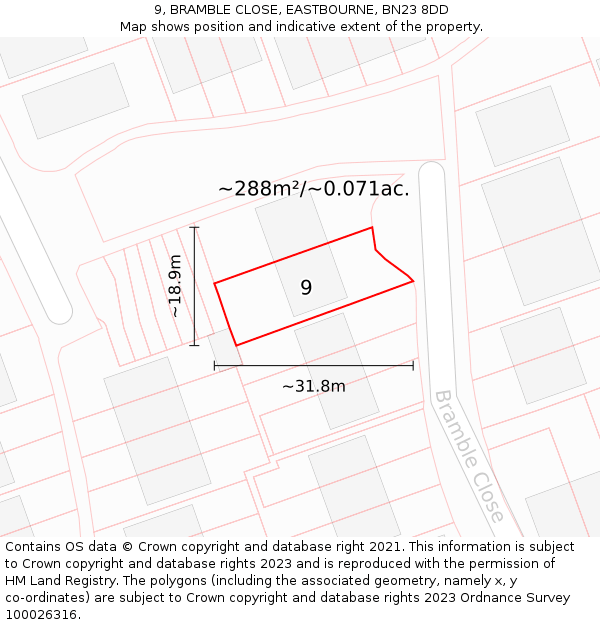 9, BRAMBLE CLOSE, EASTBOURNE, BN23 8DD: Plot and title map