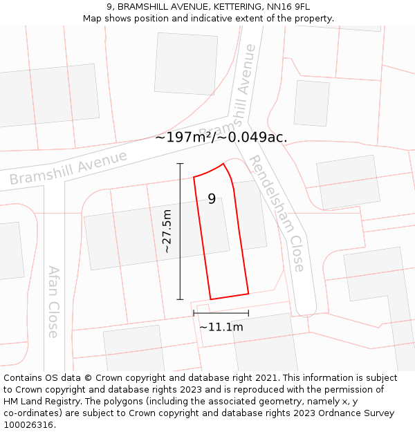 9, BRAMSHILL AVENUE, KETTERING, NN16 9FL: Plot and title map