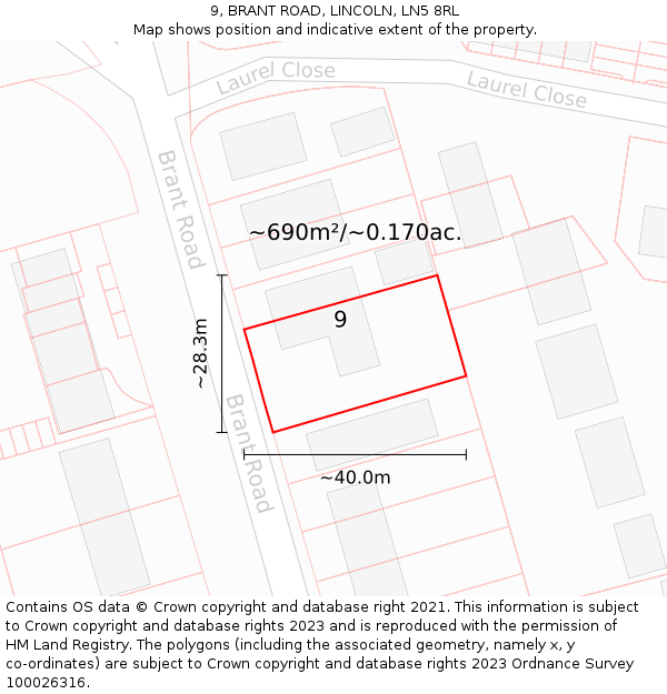 9, BRANT ROAD, LINCOLN, LN5 8RL: Plot and title map