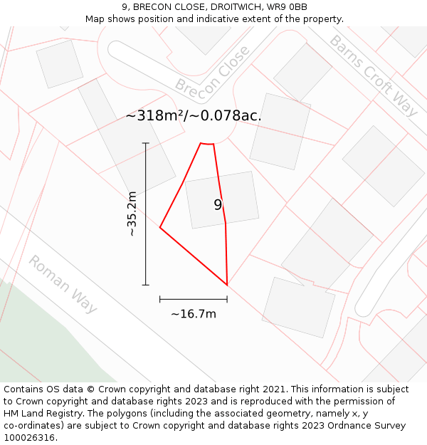 9, BRECON CLOSE, DROITWICH, WR9 0BB: Plot and title map