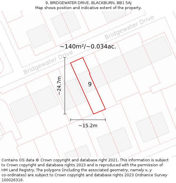 9, BRIDGEWATER DRIVE, BLACKBURN, BB1 5AJ: Plot and title map