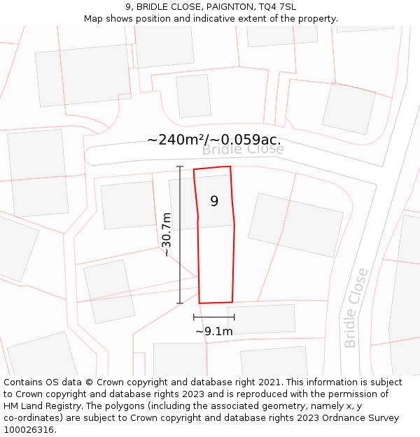 9, BRIDLE CLOSE, PAIGNTON, TQ4 7SL: Plot and title map