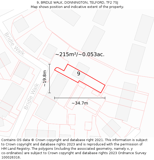 9, BRIDLE WALK, DONNINGTON, TELFORD, TF2 7SJ: Plot and title map