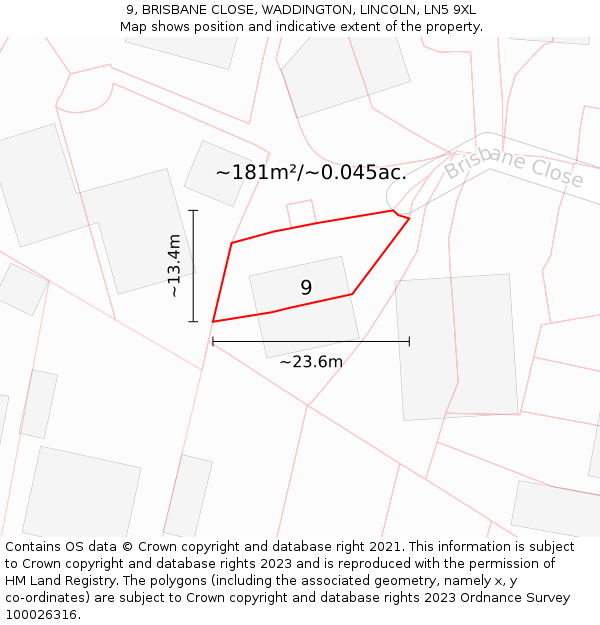 9, BRISBANE CLOSE, WADDINGTON, LINCOLN, LN5 9XL: Plot and title map