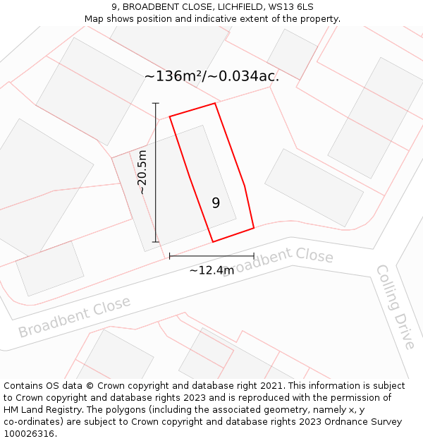 9, BROADBENT CLOSE, LICHFIELD, WS13 6LS: Plot and title map